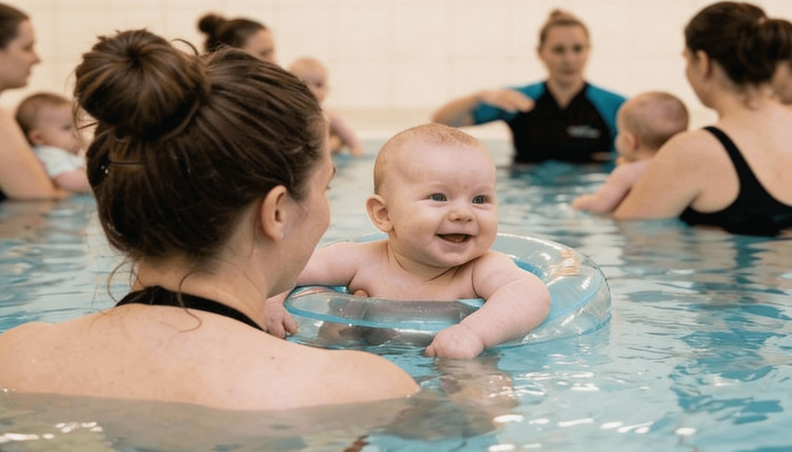 Mutter mit Kind im Schwimmbad. Das Kind hat ein aufblasbaren reifen um sich.