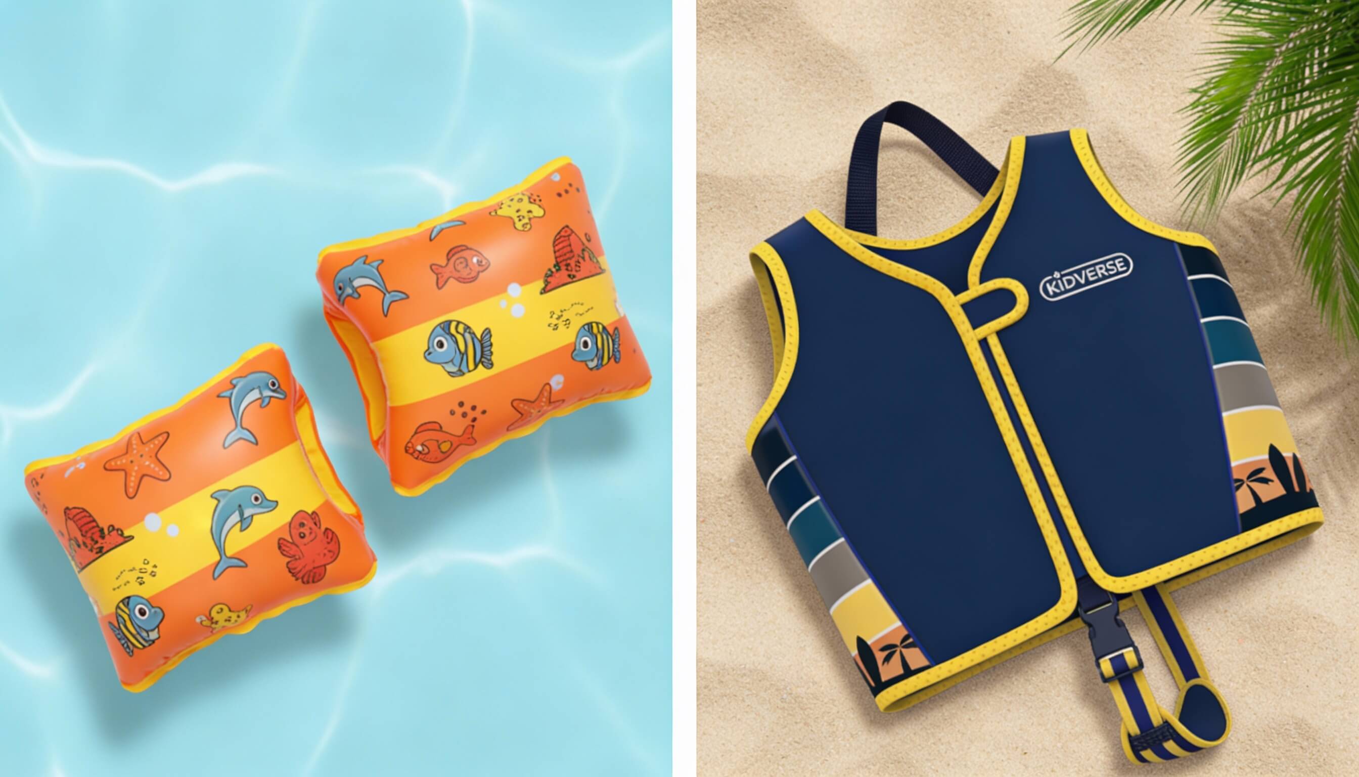 Kinder-Schwimmhilfen: orangefarbene Armflügel mit Meeresmotiven im Wasser und eine blaue Kidverse-Schwimmweste mit Reißverschluss am Strand.