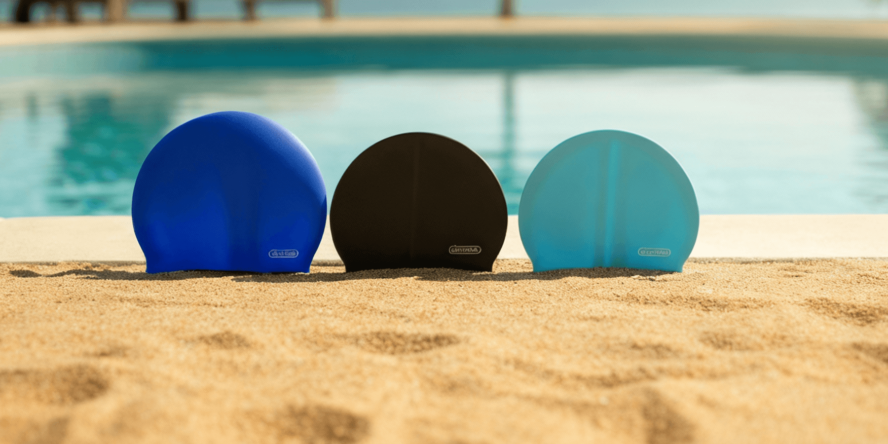 „Drei bunte Schwimmkappen – blau, schwarz und türkis – liegen nebeneinander im Sand vor einem Schwimmbecken.