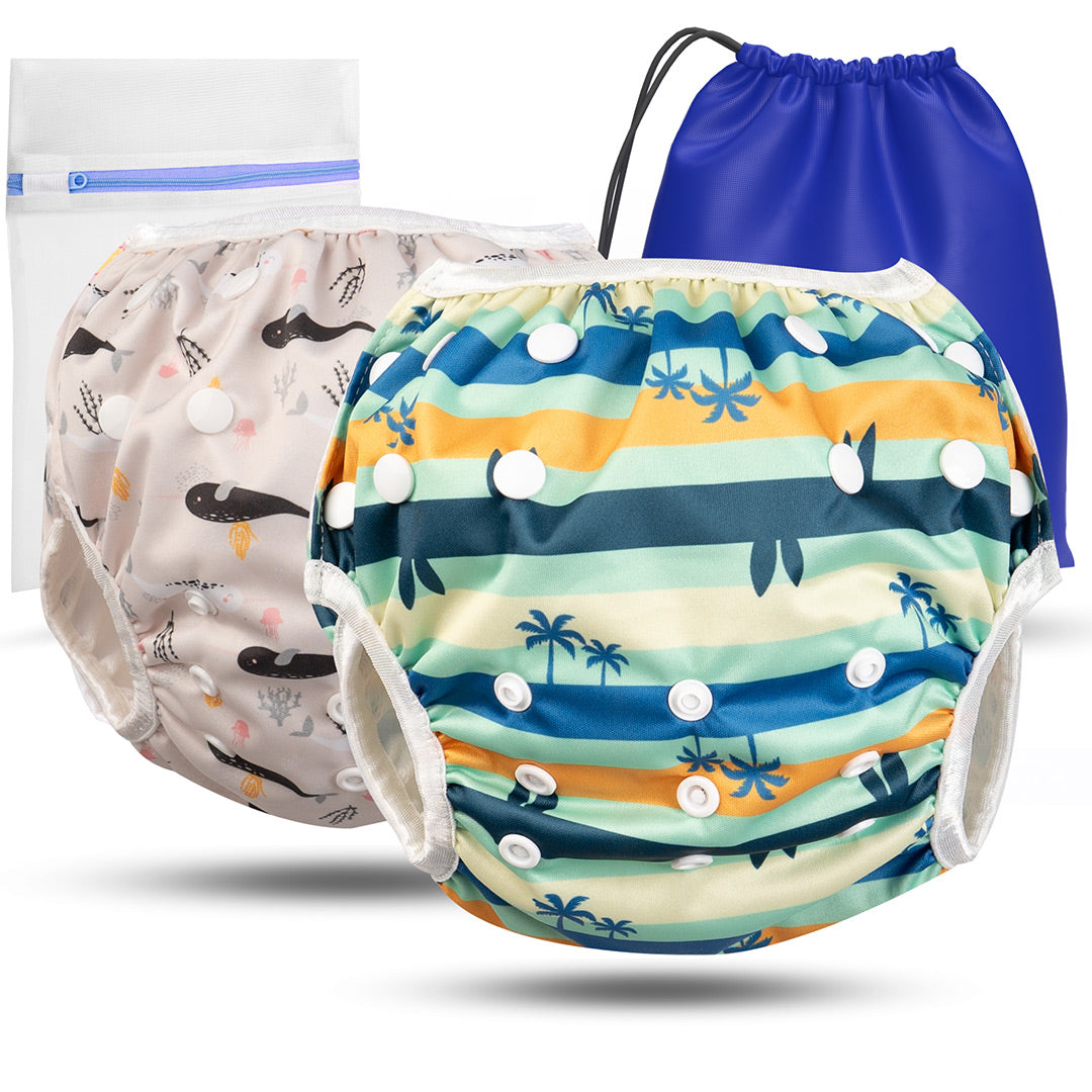 2er Set wiederverwendbare Baby Schwimmwindeln mit Druckknöpfen von 0-3 Jahre in beige mit Wal Muster und in turqouise mit Palmen Muster