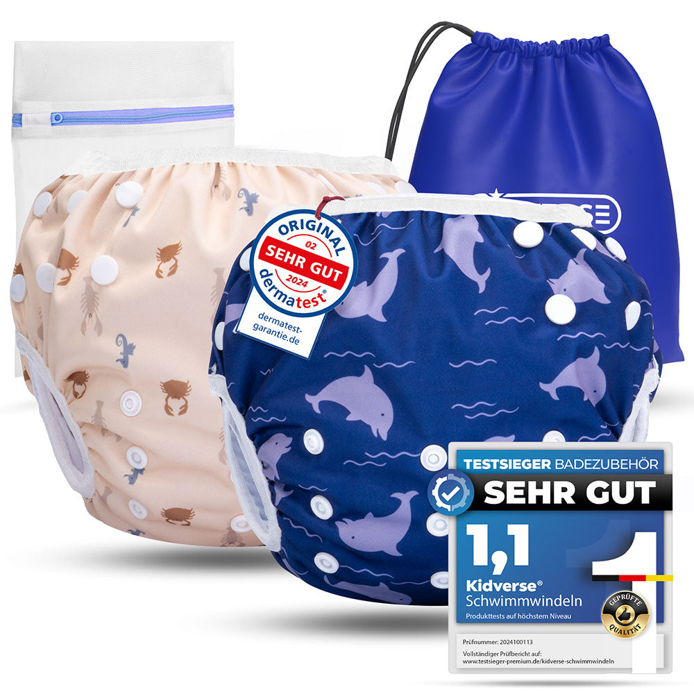 2er Set wiederverwendbare Baby Schwimmwindeln mit Druckknöpfen von 0-3 Jahre in beige mit Krabben Muster und in blau mit Delfin Muster