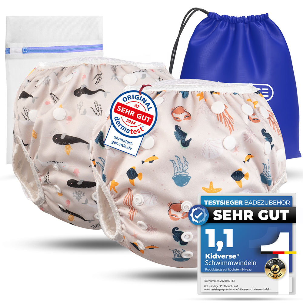 2er Set wiederverwendbare Baby Schwimmwindeln mit Druckknöpfen von 0-3 Jahre in beige mit Wal Muster und in beige mit Meerestier Muster