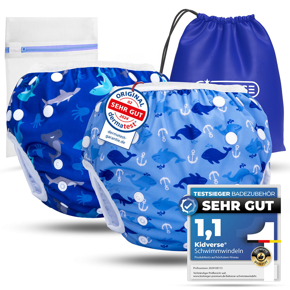 2er Set wiederverwendbare Baby Schwimmwindeln mit Druckknöpfen von 0-3 Jahre in Blau mit Hai & Quallen Muster und in hellblau mit Wal & Anker Muster