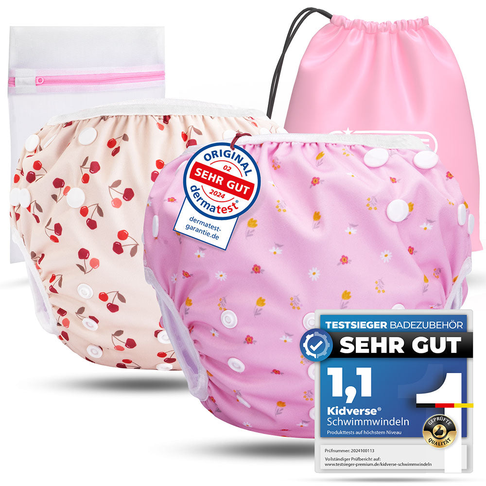2er Set wiederverwendbare Baby Schwimmwindeln mit Druckknöpfen von 0-3 Jahre in beige mit Kirsch Muster und in hellem Lila mit Blumen Muster