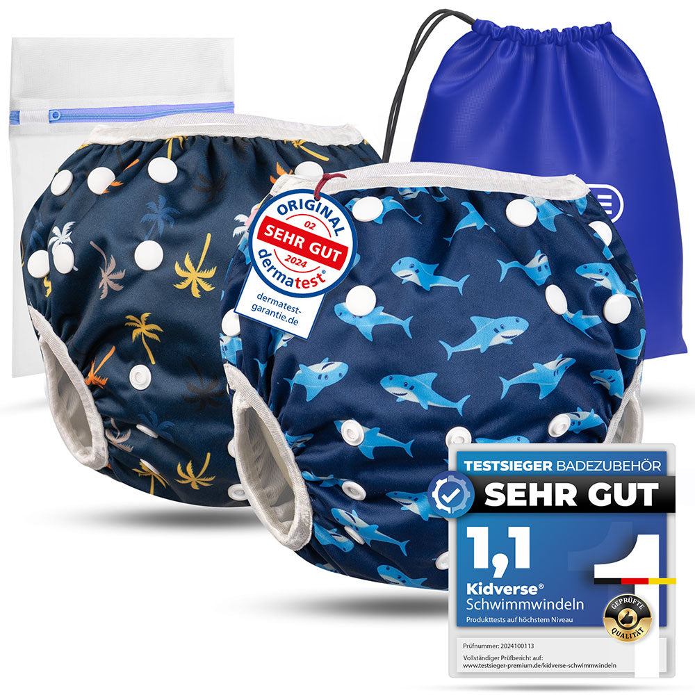 2er Set wiederverwendbare Baby Schwimmwindeln mit Druckknöpfen von 0-3 Jahre in dunkelblau mit Palmen Muster und in blau mit Hai Muster