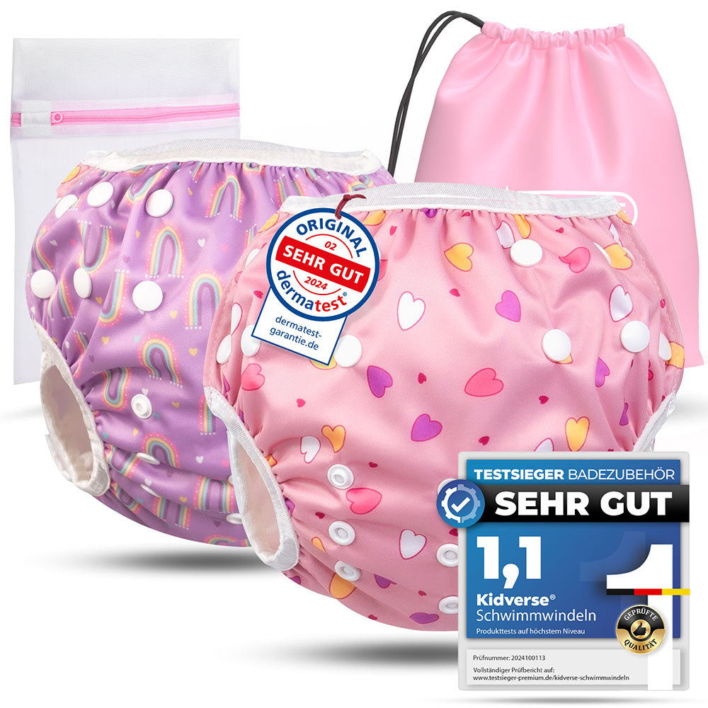 2er Set wiederverwendbare Baby Schwimmwindeln mit Druckknöpfen von 0-3 Jahre in Lila mit Regenbogen Muster und in rosa mit Herz Muster