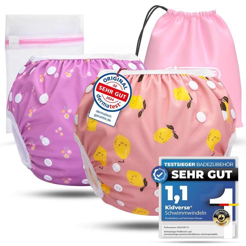 2er Set wiederverwendbare Baby Schwimmwindeln mit Druckknöpfen von 0-3 Jahre in Lila mit Blumen Muster und in rosa mit Zitronen Muster