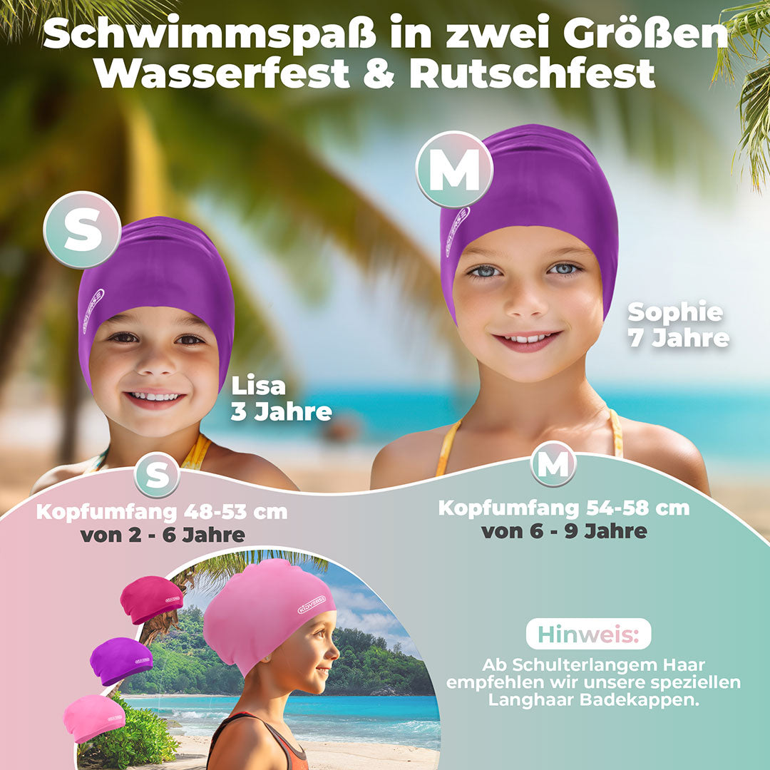 Größentabelle für die Kinderbadekappe in den Größen S und M. Größe S Kopfumfang 48-53 cm von 2- 6 Jahre und Größe M Kopfumfang 54-58 cm von 6-9 Jahre. Hinweis: Ab Schulterlangem Haar empfehlen wir unsere speziellen Langhaar Badekappen