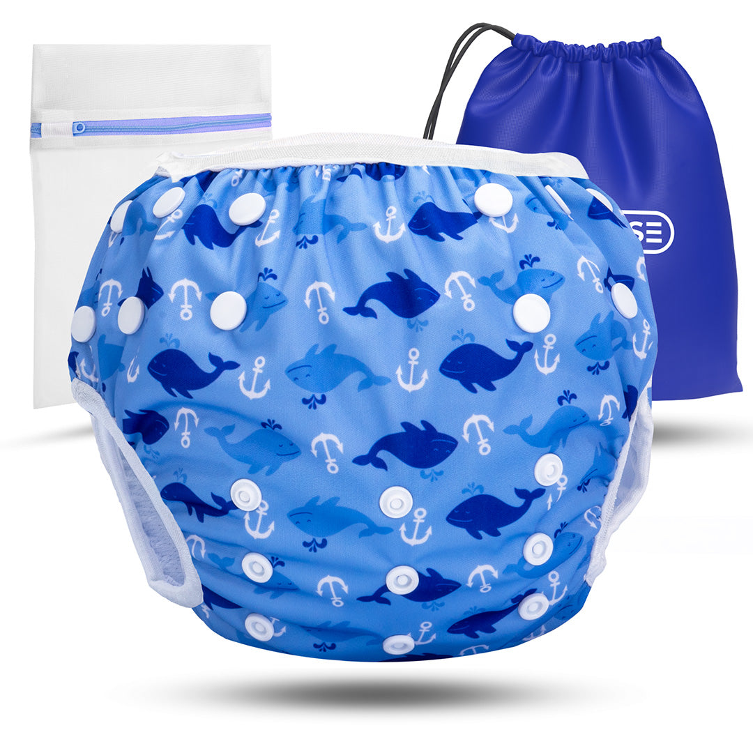 Wiederverwendbare Baby Schwimmwindel mit Druckknöpfen von 0-3 Jahre in hellblau mit Wal und Anker Muster