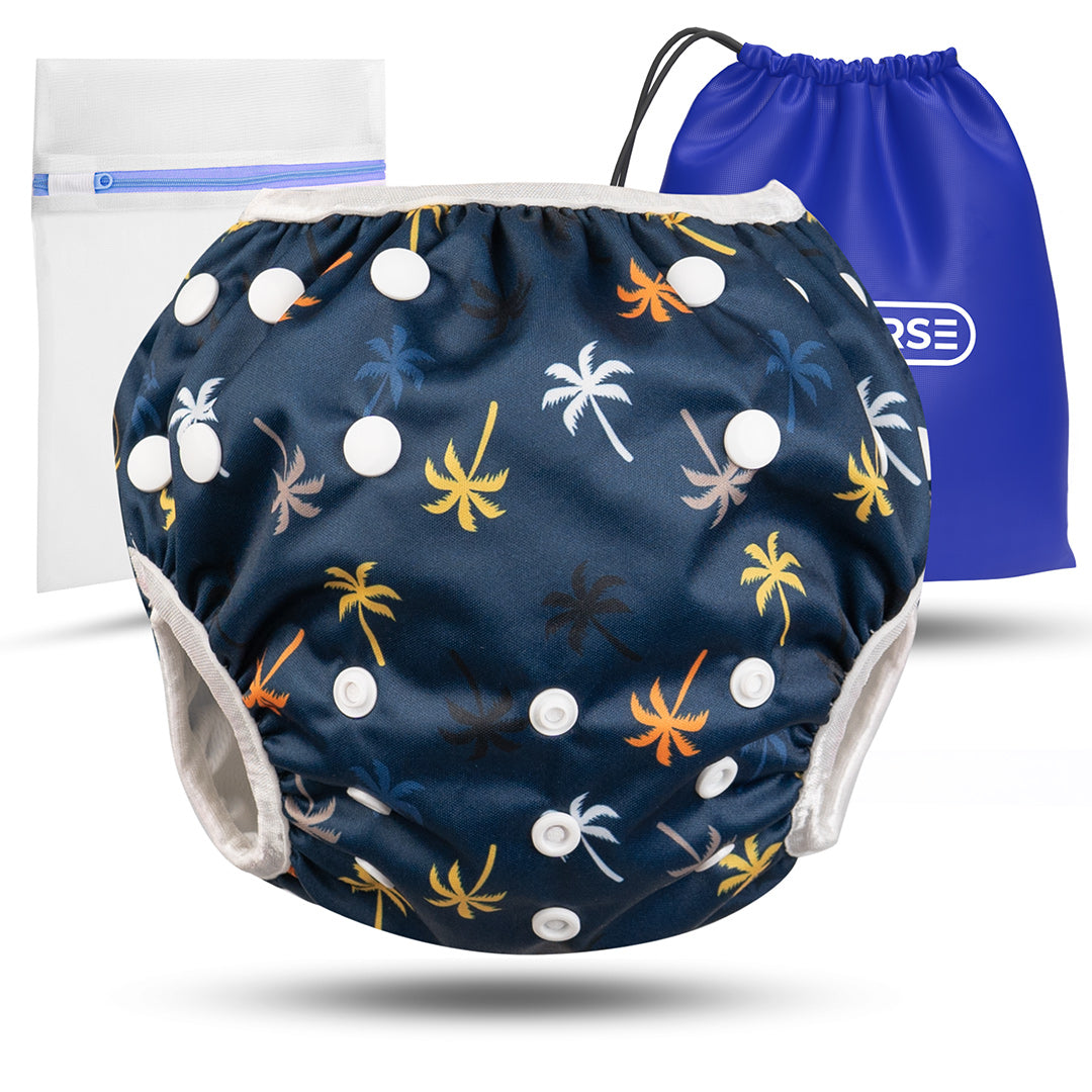 Wiederverwendbare Baby Schwimmwindel mit Druckknöpfen von 0-3 Jahre in dunkelblau mit Palmen Muster
