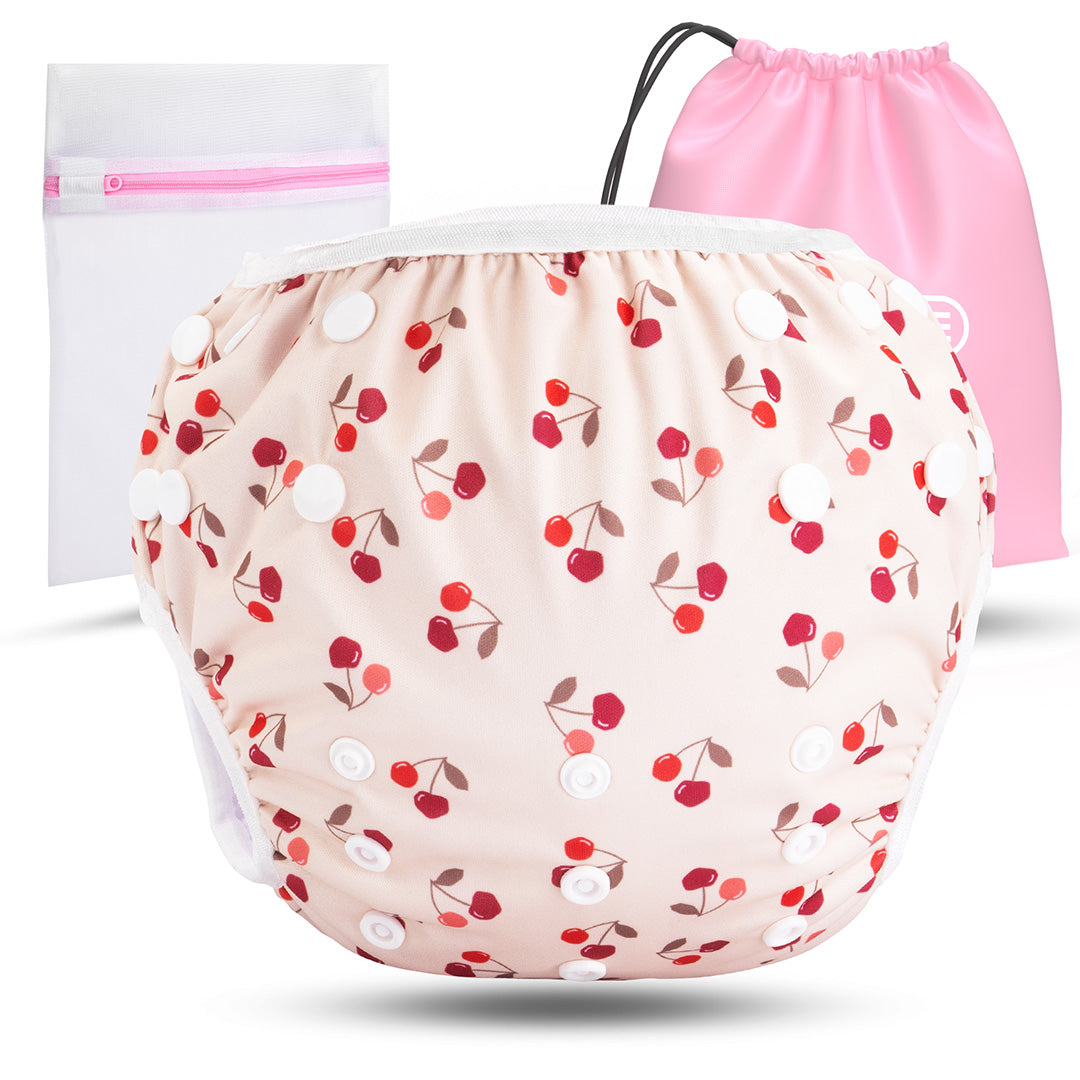 Wiederverwendbare Baby Schwimmwindel mit Druckknöpfen von 0-3 Jahre in beige mit Kirsch Muster