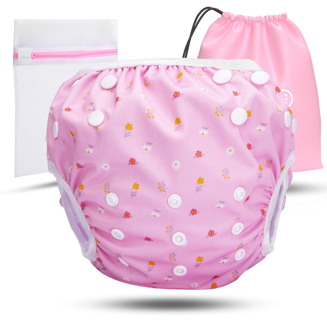 Wiederverwendbare Baby Schwimmwindel mit Druckknöpfen von 0-3 Jahre in lila mit Blumen Muster