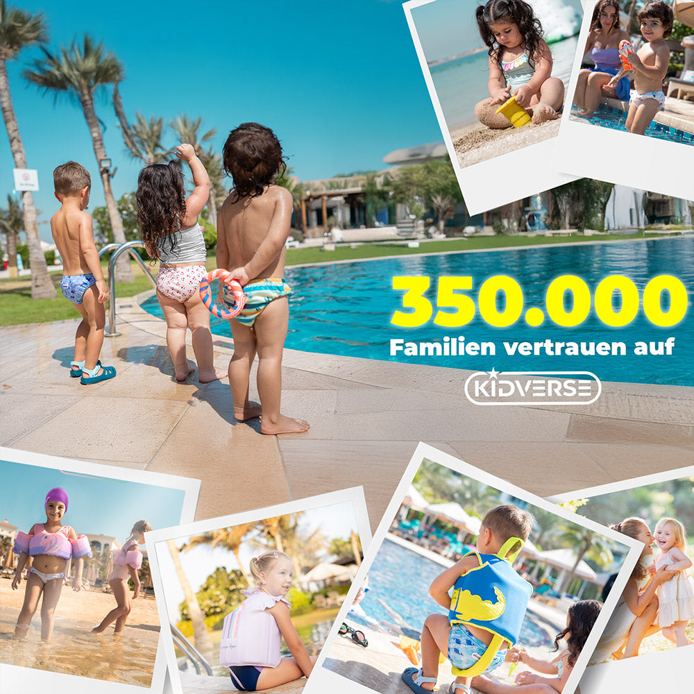 Kinder mit Baby Schwimmwindeln am Beckenrand. Am Bildrand werden Bilder von glücklichen Momenten gezeigt mit den Kidverse Schwimmartikeln. 350000 Familien vertrauen auf Kidverse