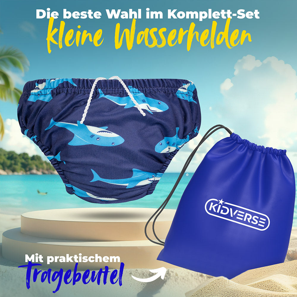 Baby Schwimmwindel am Strand mit dem Text: Die beste Wahl im Komplett Set mit praktischem Tragebeutel für kleine Wasserhelden