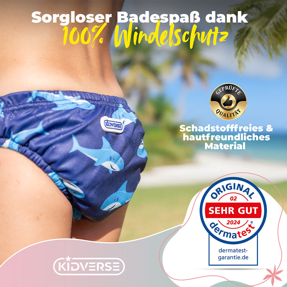 Nahaufnahme der Baby Schwimmwindel mit dem Text Sorgloser Badespaß dank 100% Windelschutz. Schadstofffreies & hautfreundliches Material