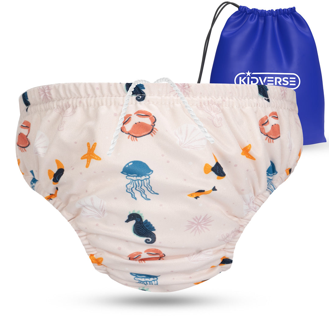 Wiederverwendbare Baby Schwimmwindel mit Gummibund 0-24 Monate in beige mit Meerestier Muster