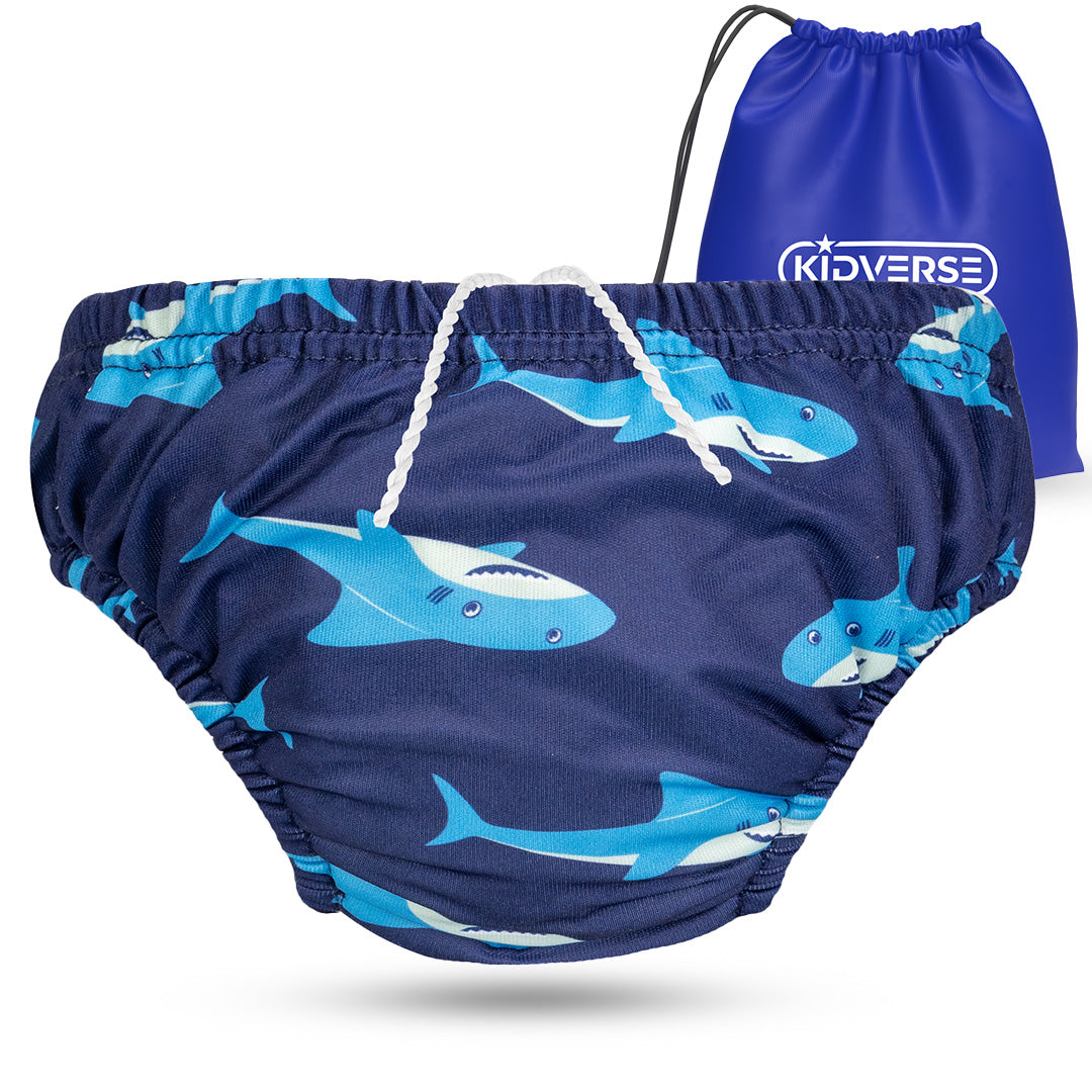Wiederverwendbare Baby Schwimmwindel mit Gummibund 0-24 Monate in Blau mit Hai Muster