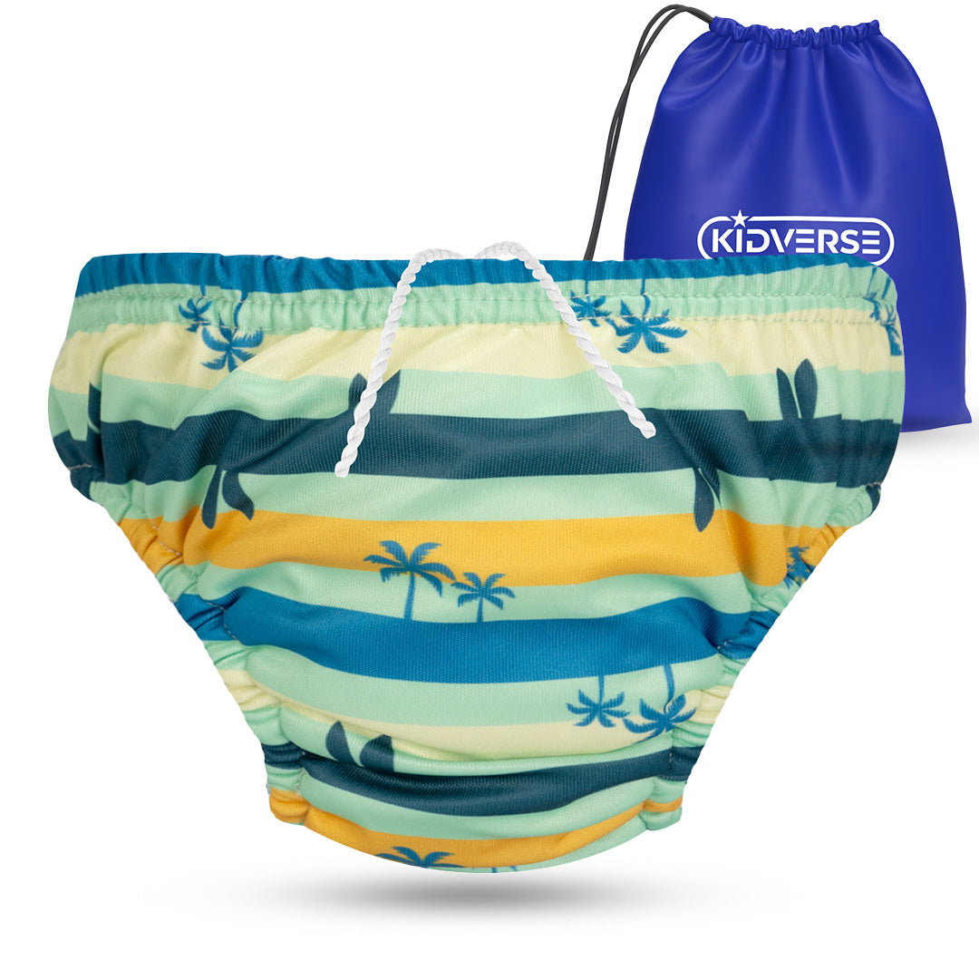 Wiederverwendbare Baby Schwimmwindel mit Gummibund 0-24 Monate in Turqouise mit Palmen Muster
