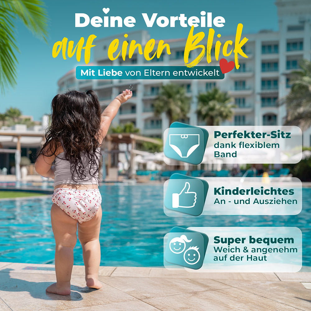 Kind am Beckenrand mit einer Baby Schwimmwindel und der Überschrift: Deine Vorteile auf einen Blick. Perfekter Sitz, dank flexiblem Band. Kinderleichtes An - und Ausziehen. Super bequem, weich & angenehm auf der Haut