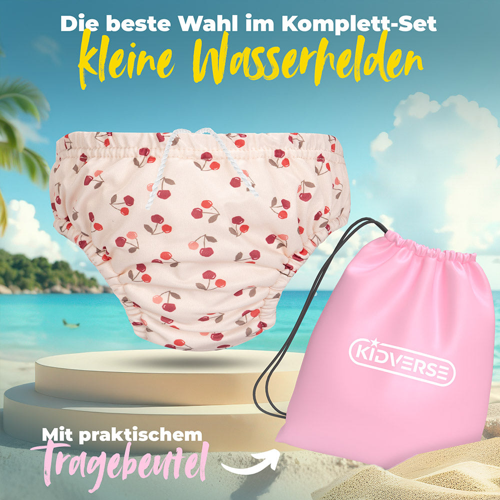 Baby Schwimmwindel am Strand mit dem Text: Die beste Wahl im Komplett Set mit praktischem Tragebeutel für kleine Wasserhelden