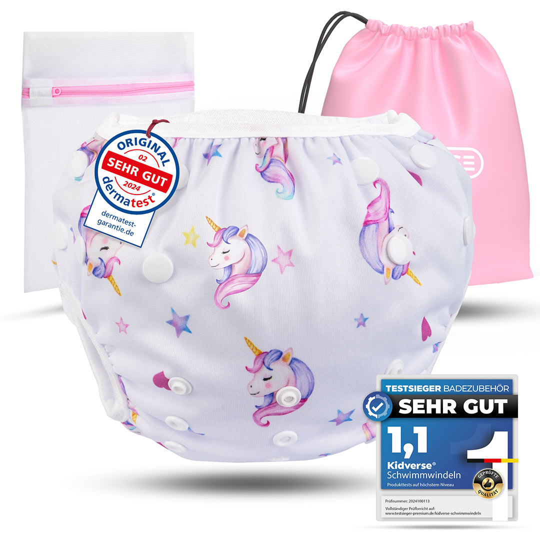 Wiederverwendbare Baby Schwimmwindel mit Druckknöpfen von 0-3 Jahre in Weiß mit Einhorn Muster