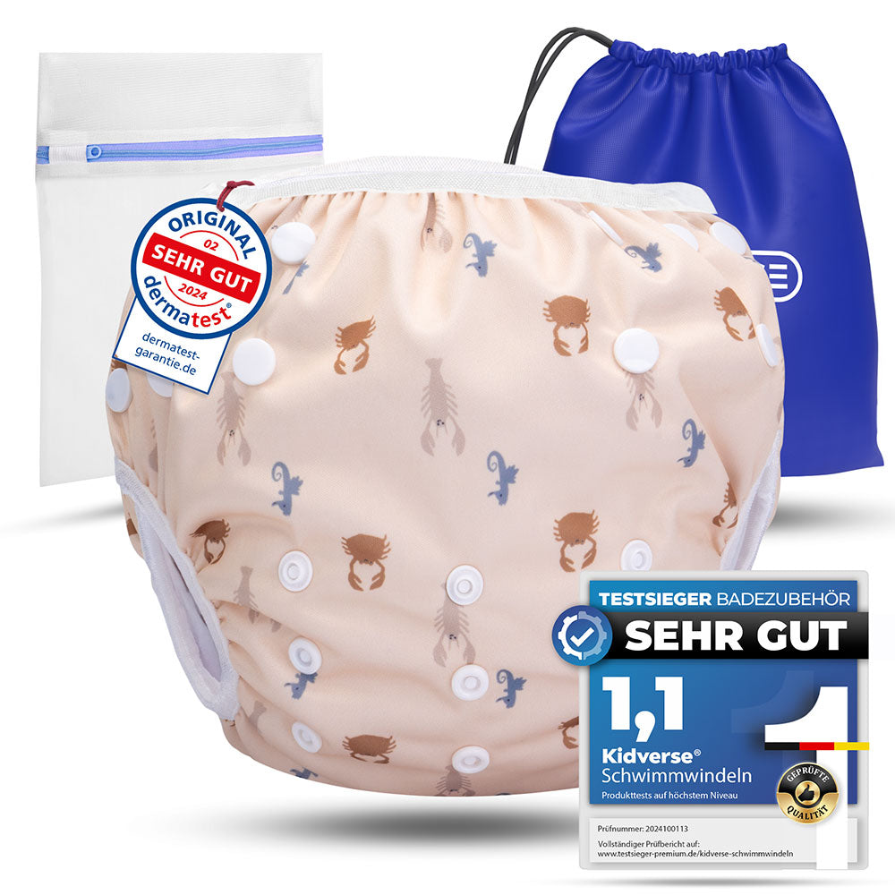 Wiederverwendbare Baby Schwimmwindel mit Druckknöpfen von 0-3 Jahre in beige mit Krabben Muster