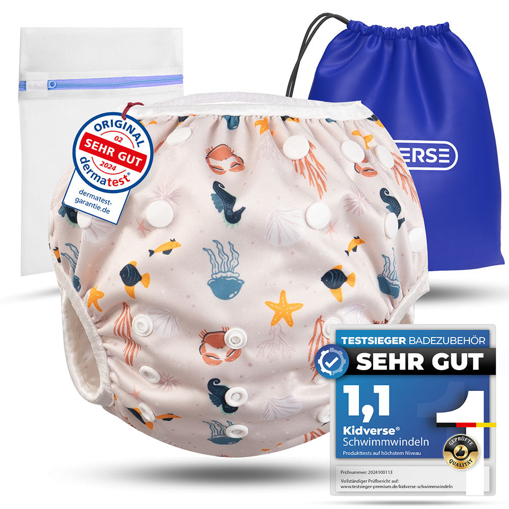 Wiederverwendbare Baby Schwimmwindel mit Druckknöpfen von 0-3 Jahre in beige mit einem Meerestier Muster