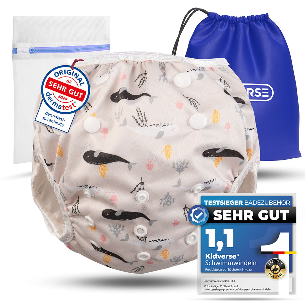 Wiederverwendbare Baby Schwimmwindel mit Druckknöpfen von 0-3 Jahre in beige mit einem Wal Muster