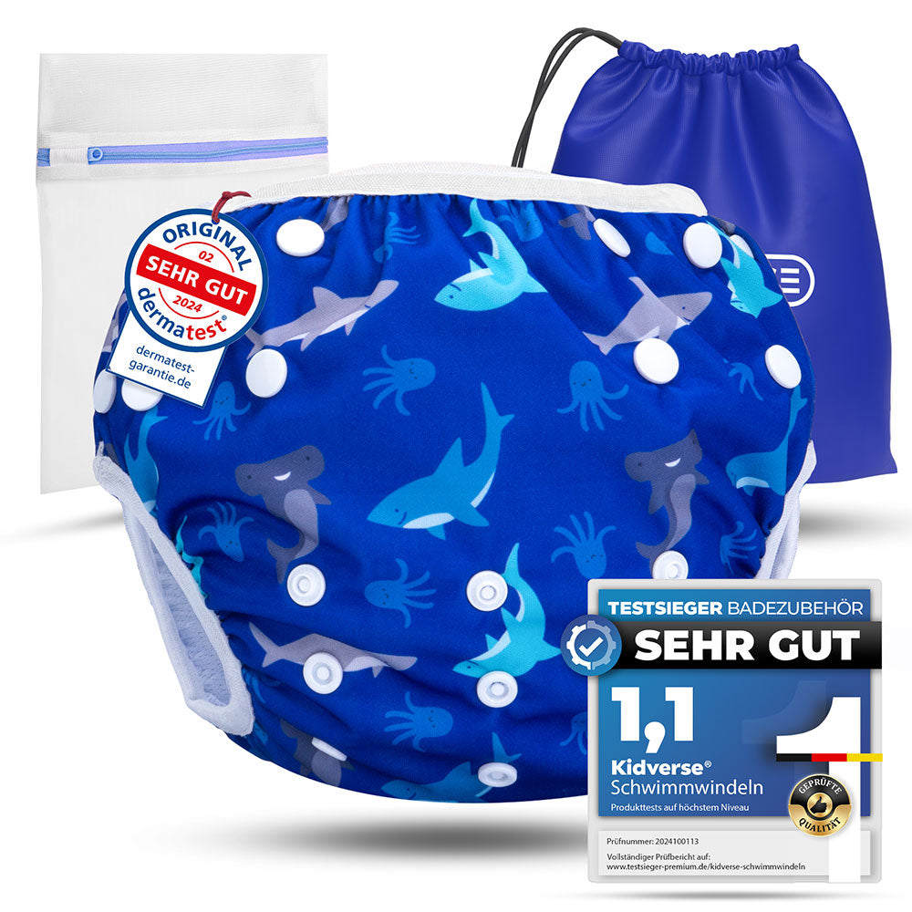 Wiederverwendbare Baby Schwimmwindel mit Druckknöpfen von 0-3 Jahre in blau mit einem Hai und Quallen Muster