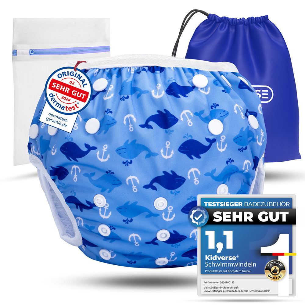 Wiederverwendbare Baby Schwimmwindel mit Druckknöpfen von 0-3 Jahre in hellblau mit Wal und Anker Muster