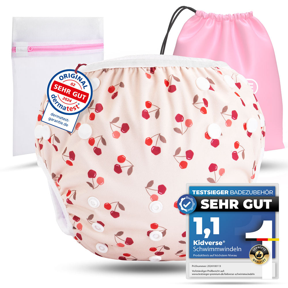 Wiederverwendbare Baby Schwimmwindel mit Druckknöpfen von 0-3 Jahre in beige mit Kirsch Muster