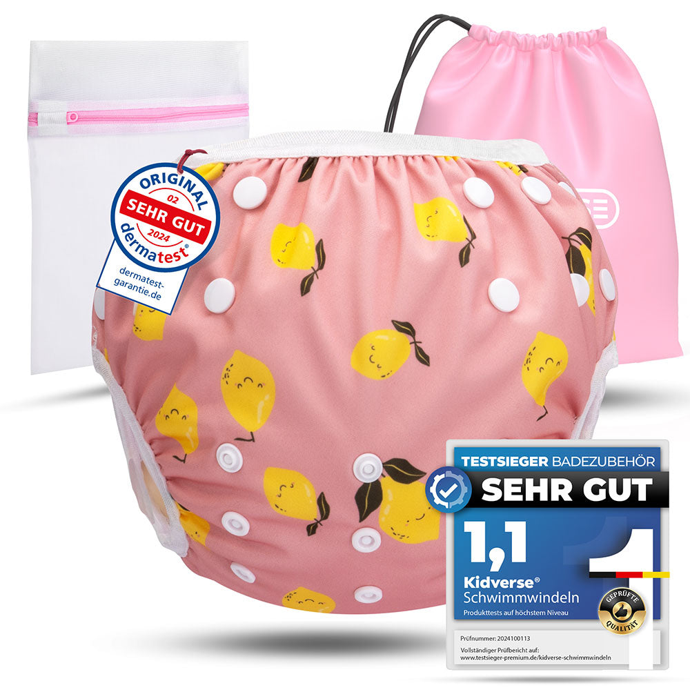 Wiederverwendbare Baby Schwimmwindel mit Druckknöpfen von 0-3 Jahre in rosa mit Zitronen Muster