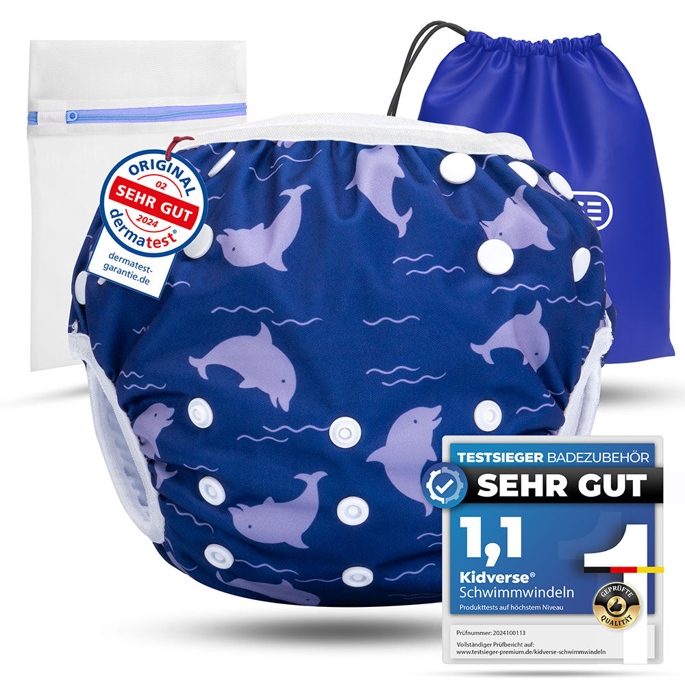 Wiederverwendbare Baby Schwimmwindel mit Druckknöpfen von 0-3 Jahre in blau mit Delfin Muster