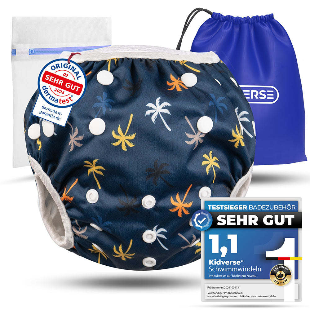 Wiederverwendbare Baby Schwimmwindel mit Druckknöpfen von 0-3 Jahre in dunkelblau mit Palmen Muster