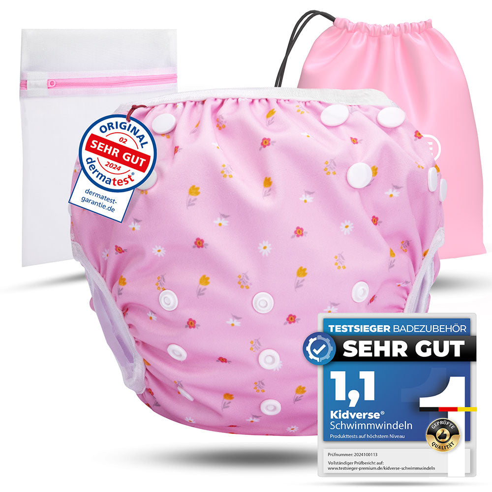 Wiederverwendbare Baby Schwimmwindel mit Druckknöpfen von 0-3 Jahre in lila mit Blumen Muster