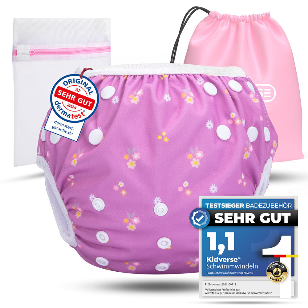 Wiederverwendbare Baby Schwimmwindel mit Druckknöpfen von 0-3 Jahre in lila mit Blumen Muster