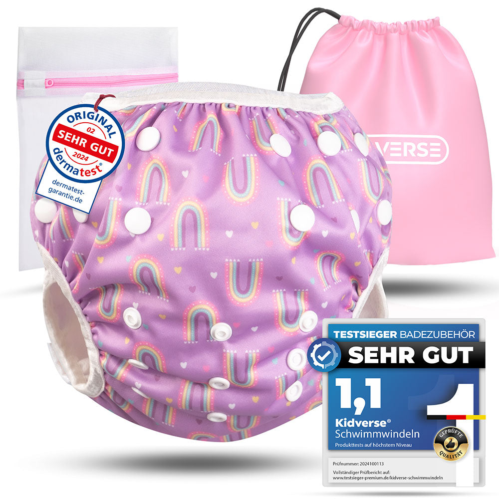 Wiederverwendbare Baby Schwimmwindel mit Druckknöpfen von 0-3 Jahre in lila mit Regenbogen Muster