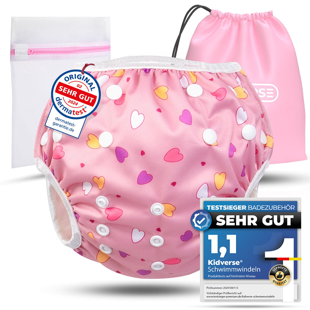 Wiederverwendbare Baby Schwimmwindel mit Druckknöpfen von 0-3 Jahre in rosa mit Herz Muster