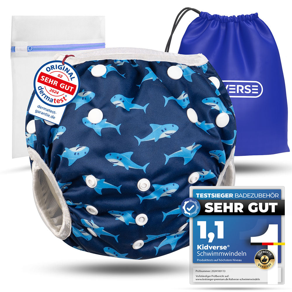 Wiederverwendbare Baby Schwimmwindel mit Druckknöpfen von 0-3 Jahre in blau mit einem Hai Muster