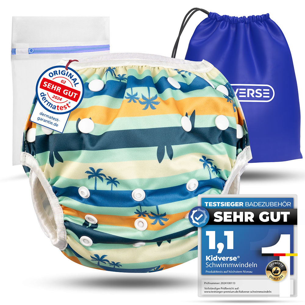 Wiederverwendbare Baby Schwimmwindel mit Druckknöpfen von 0-3 Jahre in Türkis mit Palmen Muster