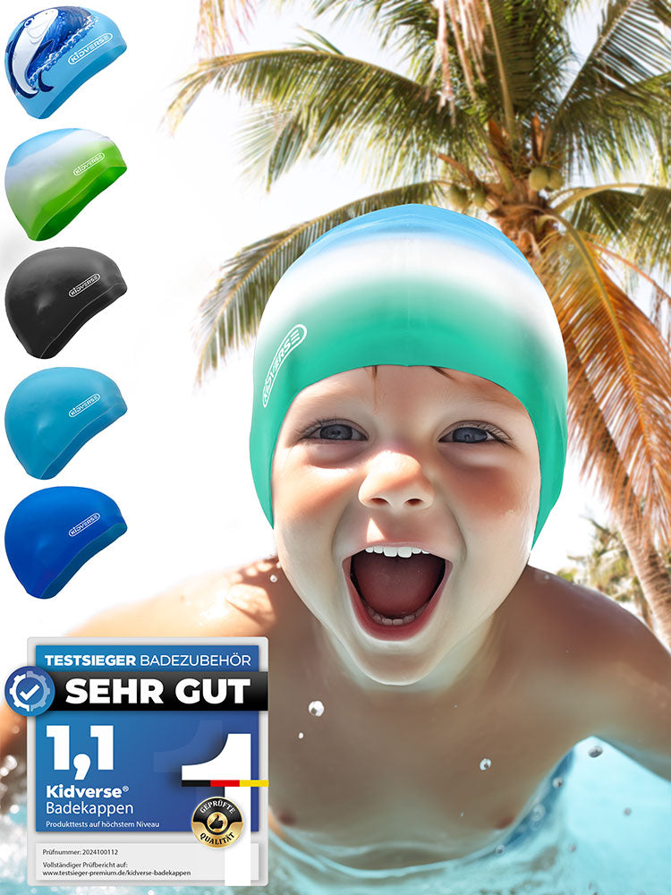Kinderbadekappe für Jungen in Blau weiss Türkis Farbverlauf