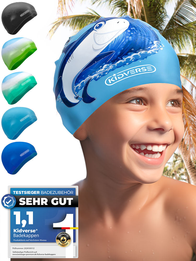 Kinderbadekappe für Jungen in der Farbe Blau mit Hai Motiv