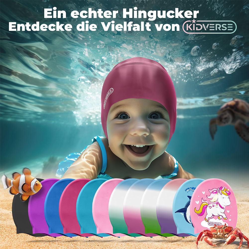 Entdecke unser Vielfalt an Badekappen für Kinder in unterschiedlichen Farben und Motiven
