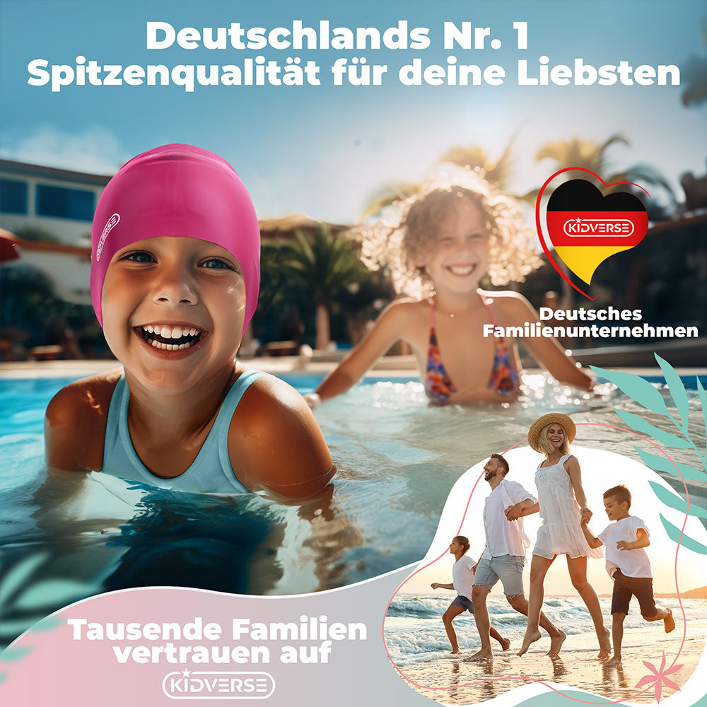 Lächelndes Kind das eine Badekappe trägt mit der Überschrift Deutschlands Nr. 1 Spitzenqualität für deine Liebsten. Tausende Familien vertrauen auf Kidverse