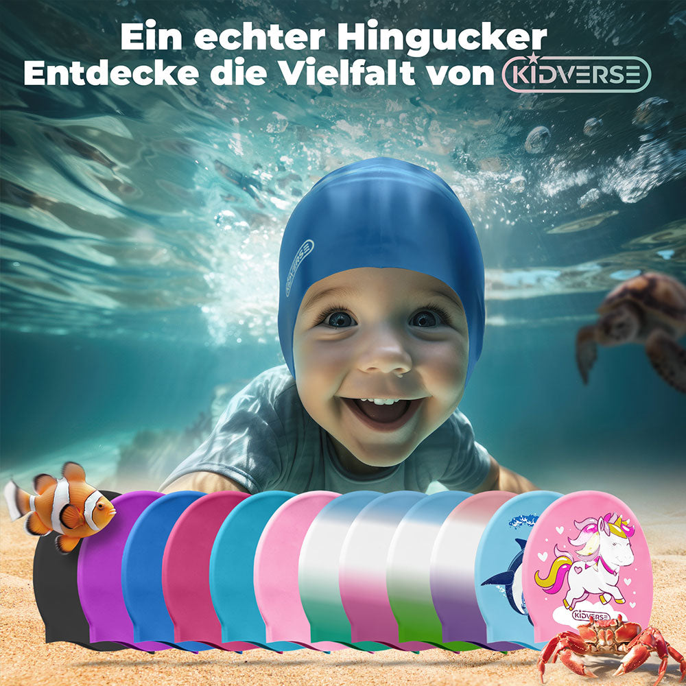 Lächelndes Kind mit Badekappe Unterwasser mit dem Text: Ein echter Hingucker, entdecke die Vielfalt von Kidverse