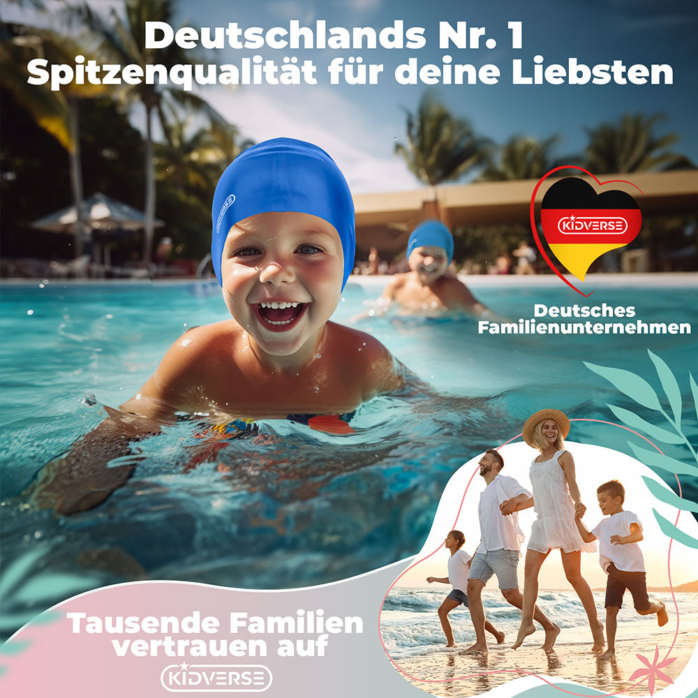 Lächelndes Kind das eine Badekappe trägt mit der Überschrift Deutschlands Nr. 1 Spitzenqualität für deine Liebsten. Tausende Familien vertrauen auf Kidverse