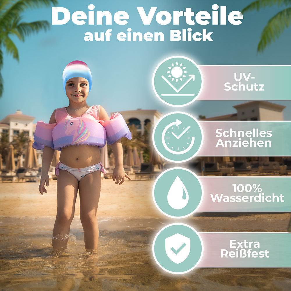 Deine Vorteile der Kinderbadekappe auf einen Blick. UV-Schutz, Schnelles anziehen, 100% Wasserdicht und Extra Reißfest