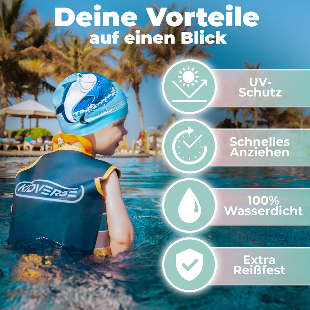 Deine Vorteile der Kinderbadekappe für Jungen auf einen Blick. UV Schutz, Schnelles Anziehen, 100% Wasserdicht und Extra Reißfest