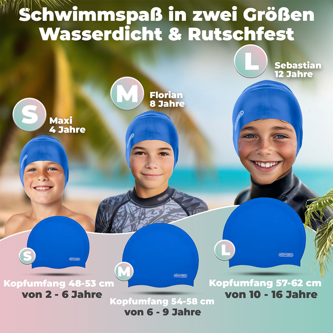 Größentabelle für die Kinderbadekappe in den Größen S, M und L. Größe S: Kopfumfang 48-53 cm von 2- 6 Jahre, Größe M: Kopfumfang 54-58 cm von -9 Jahre und Größe L: Kopfumfang 57-62 cm von 10 - 16 Jahre