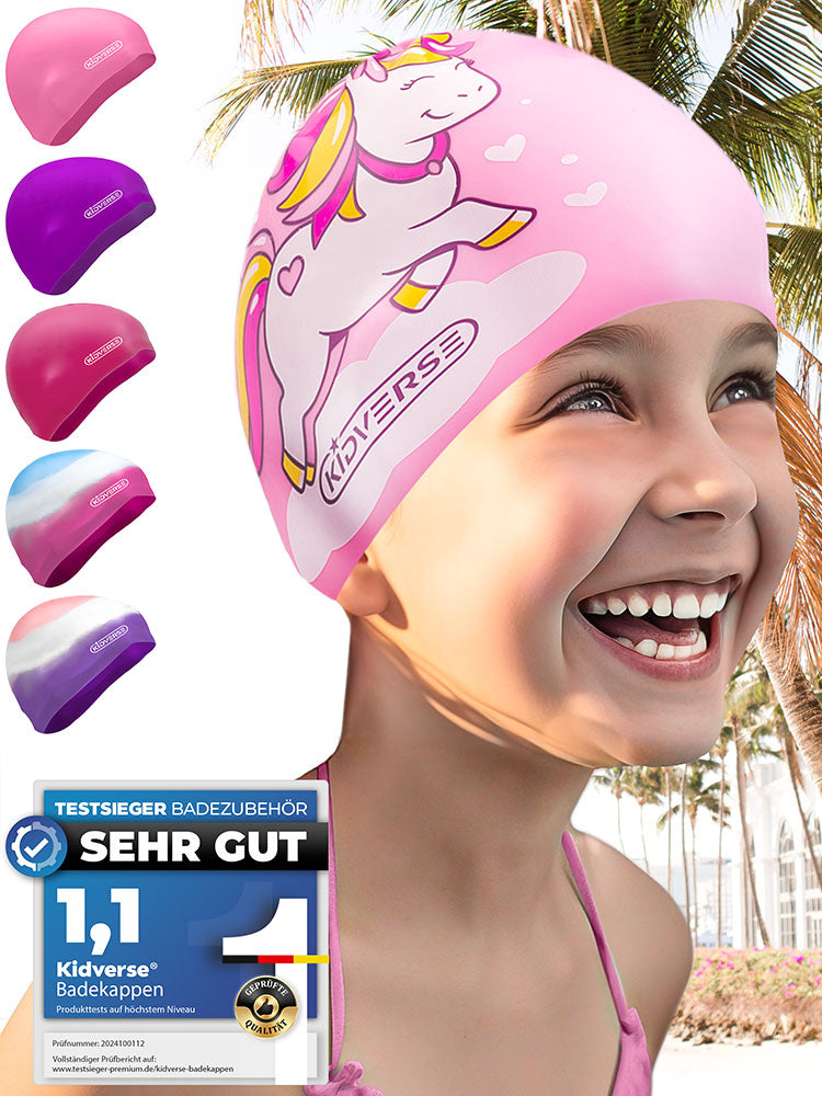 Kinderbadekappe für Mädchen in Rosa mit Einhorn Motiv